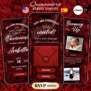 May include: A digital Quinceañera website template displayed on three smartphones against a red rose background. The screens feature elegant white script text, a red envelope with a wax seal, a baby photo, and a child photo in film strips.
