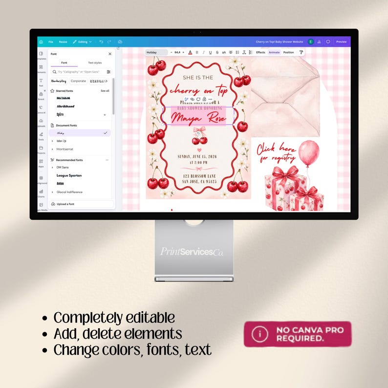 Cherry on Top Baby Shower Website Invitation with online RSVP Countdown Music (Digital Canva Template)
