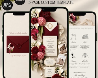 Burgundy Ivory Old Money Floral Digital Invitation Wedding Website: Online RSVP, Countdown (Canva Template)