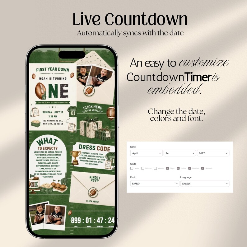 Football 1st Birthday Web Invitation with RSVP and Countdown | First Year Down,  Digital Download Canva Template