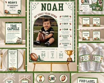 First Year Down Football 1st Birthday Bundle | Editable Canva Template | First Year Down Printable Party Decor