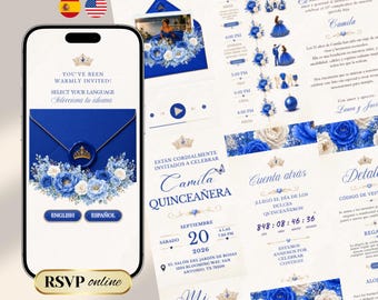 Royal Blue Bilingual Quinceañera Digital Invitation Website with RSVP Countdown Music (Canva Template)