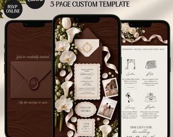 Espresso Brown Ivory Floral Digital Wedding Invitation Website Template: Old Money Style (Digital Download)