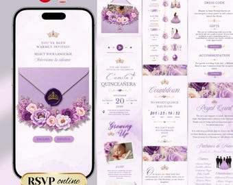 May include: A digital Quinceañera invitation displayed on a smartphone screen, featuring a purple envelope with a crown wax seal, floral accents, and text including 'Camila's Quinceañera', 'RSVP online', and 'Select your language'.