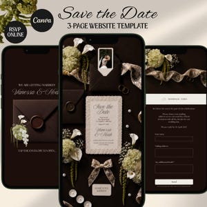 May include: A 3-page website template for a Save the Date announcement displayed on three smartphone screens. The design features a dark brown background with white floral accents, a wax-sealed envelope, a bow, and text including Save the Date.
