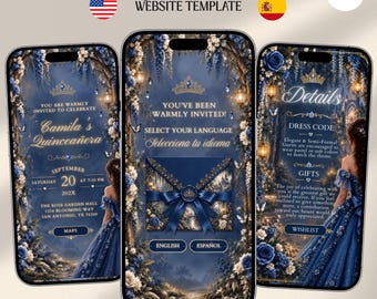 Navy Blue Enchanted Forest Bilingual Quinceañera Digital Invitation Website with Online RSVP Music (Canva Template)