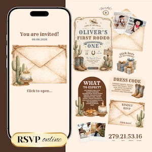 May include: A digital invitation on a smartphone screen for Oliver's first rodeo birthday party. The design features a cowboy theme with boots, cacti, and a cake. The invitation includes the date, time, and RSVP information.