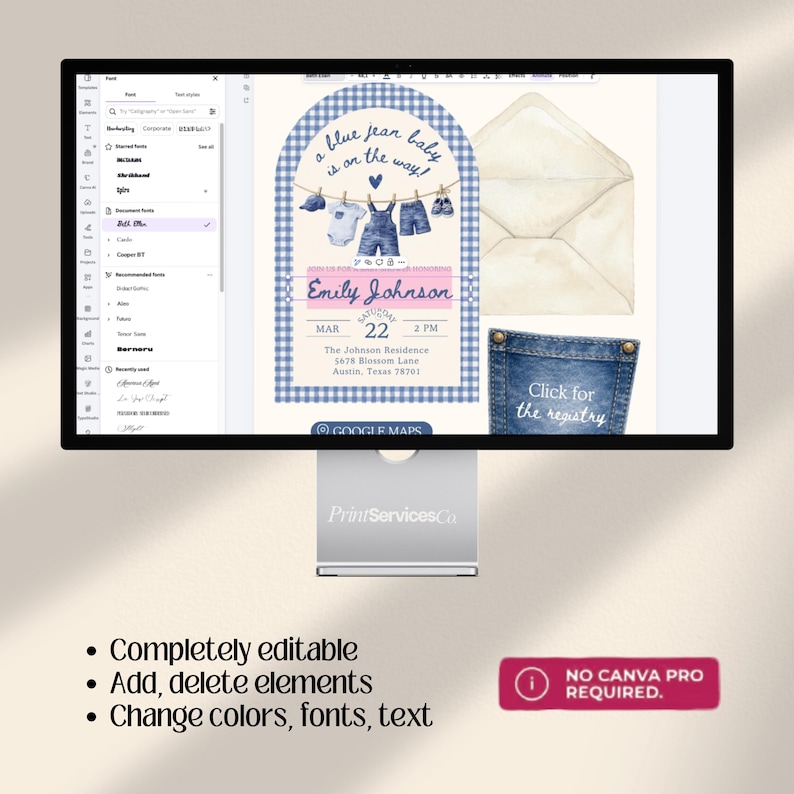 Blue Jean Baby Shower Digital Website Invitation, Trackable RSVP (Digital Canva Template)