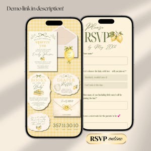 May include: Two smartphones displaying a digital baby shower invitation suite with a yellow gingham background. The screens show cards for RSVP, books for baby, and a diaper raffle, all decorated with lemon illustrations and elegant typography.