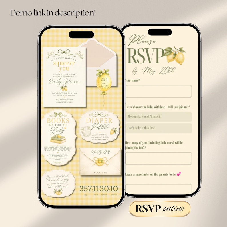 May include: Two smartphones displaying a digital baby shower invitation suite with a yellow gingham background. The screens show cards for RSVP, books for baby, and a diaper raffle, all decorated with lemon illustrations and elegant typography.