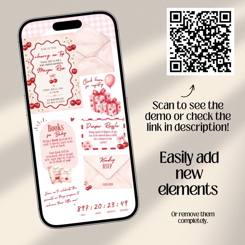 Cherry on Top Baby Shower Website Invitation with online RSVP Countdown Music (Digital Canva Template)