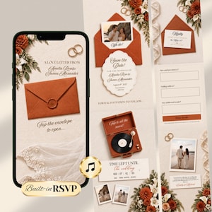 May include: A digital wedding invitation suite displayed on a smartphone and printed cards featuring rust-colored envelopes, wax seals, floral accents, and a record player graphic. Text includes A LOVE LETTER FROM, Save the Date, and Built-in RSVP.