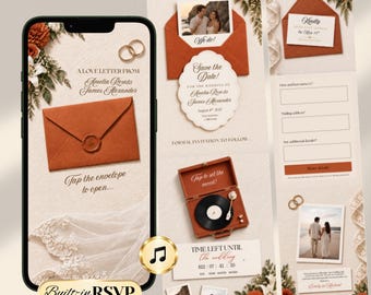 May include: A digital wedding invitation suite displayed on a smartphone and printed cards featuring rust-colored envelopes, wax seals, floral accents, and a record player graphic. Text includes A LOVE LETTER FROM, Save the Date, and Built-in RSVP.