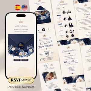 May include: A smartphone displaying a digital Quinceañera invitation template with a navy blue envelope, gold crown wax seal, and floral arrangements of dark blue and white roses. The screen shows text in English and Spanish, including event details.