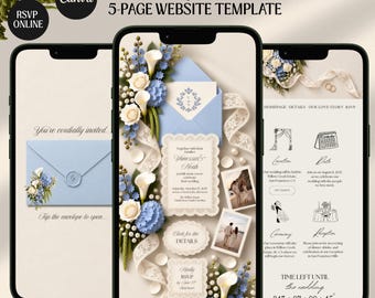 Dusty Blue Ivory Old Money Floral Digital Wedding Invitation Website: Online RSVP, Countdown (Canva Template)