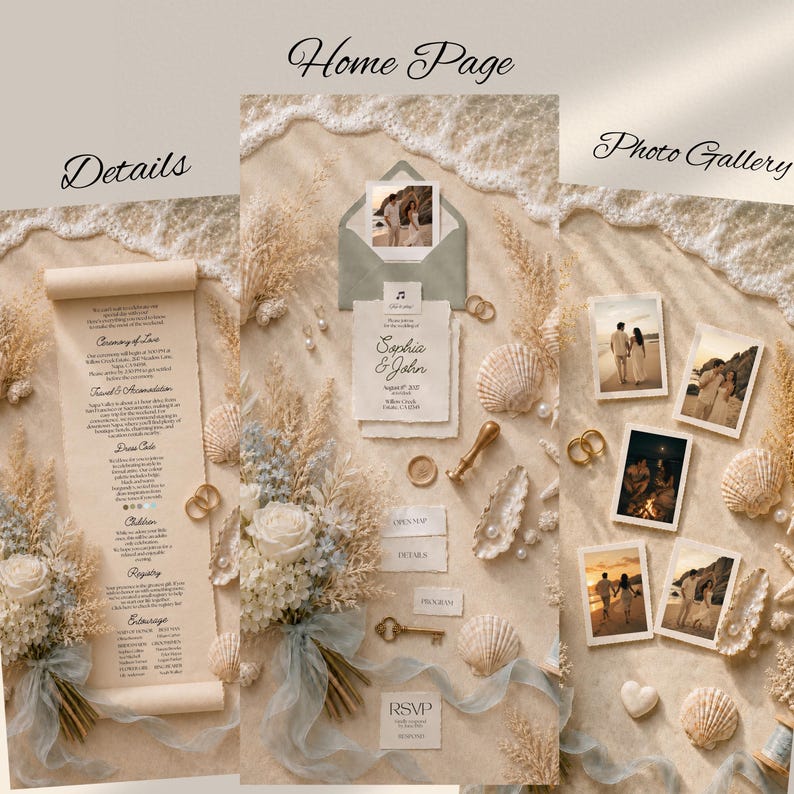 Coastal Wedding Website Template with HTML Email: Beach Wedding Digital Invitation RSVP, Music Digital Download Canva Template)