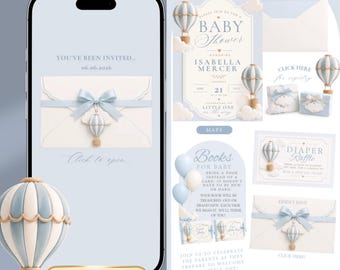 Invito per baby shower in mongolfiera con sito web, RSVP online, conto alla rovescia, lista nascita e lotteria di pannolini (modello digitale Canva)
