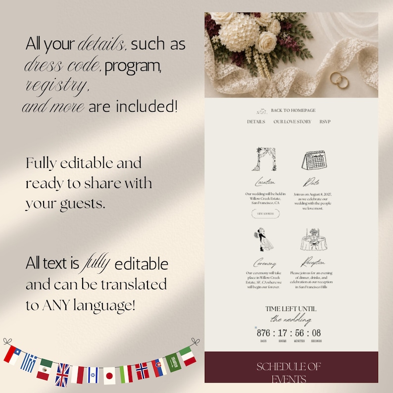 Burgundy Ivory Floral Old Money Digital Wedding Invitation Website: Online RSVP, Countdown, Digital Download Canva Template