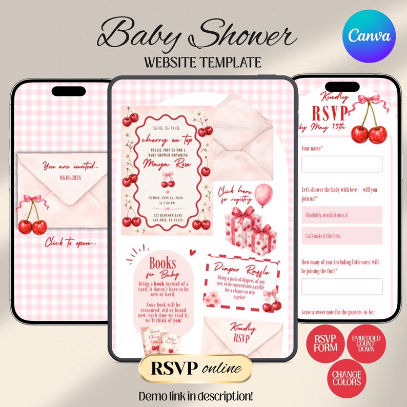 Cherry on Top Baby Shower Website Invitation with online RSVP Countdown Music (Digital Canva Template)