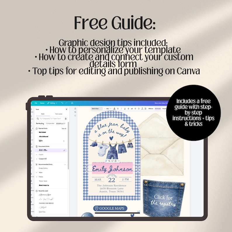 Blue Jean Baby Shower Digital Website Invitation, Trackable RSVP (Digital Canva Template)