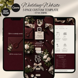 May include: A 5-page custom wedding website template and HTML email displayed on three smartphones. The design features a deep burgundy background with white floral accents, lace ribbons, wax seals, and text including Wedding Website and RSVP.