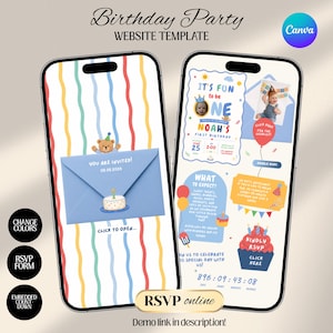 Fun to be One Boy 1st Birthday Web Invitation with RSVP and Countdown | Digital Download Canva Template