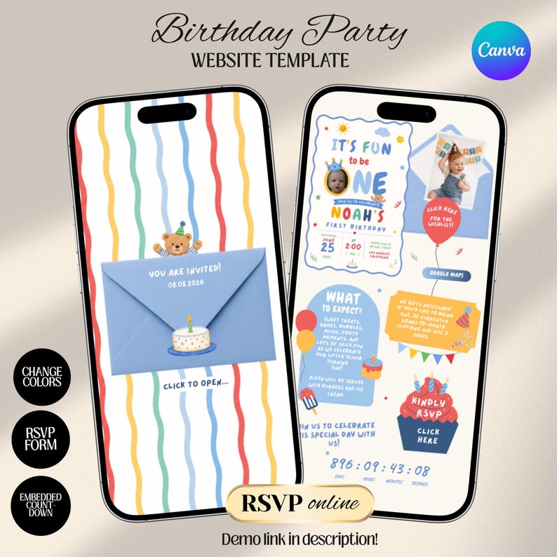 Fun to be One Boy 1st Birthday Web Invitation with RSVP and Countdown | Digital Download Canva Template