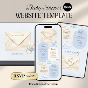 Blue Toys Baby Shower Website Invitation, Trackable RSVP (Digital Canva Template)