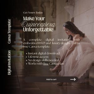 K&ouml;nnte beinhalten: Digitale Einladungsvorlage f&uuml;r eine Quincea&ntilde;era, mit dem Text "Make Your Quincea&ntilde;era Unforgettable". Die Vorlage enth&auml;lt ein eingebettetes RSVP und ein luxuri&ouml;ses Design. Sofortiger digitaler Download und lebenslanger Zugriff.