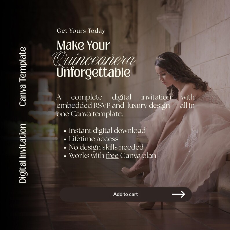 K&ouml;nnte beinhalten: Digitale Einladungsvorlage f&uuml;r eine Quincea&ntilde;era, mit dem Text "Make Your Quincea&ntilde;era Unforgettable". Die Vorlage enth&auml;lt ein eingebettetes RSVP und ein luxuri&ouml;ses Design. Sofortiger digitaler Download und lebenslanger Zugriff.