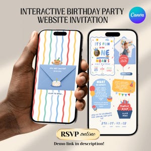 Fun to be One Boy 1st Birthday Web Invitation with RSVP and Countdown | Digital Download Canva Template