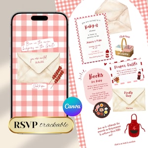 May include: Digital Baby-Q shower invitation with a pink gingham backdrop and watercolour illustrations. The invitation includes details for Jessica & Mike's event, a diaper raffle, and a request for books. The design is trackable via RSVP.