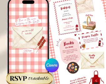 Invitación animada para sitio web de baby shower con barbacoa Baby-Q, confirmación de asistencia rastreable (plantilla digital Canva) BS13