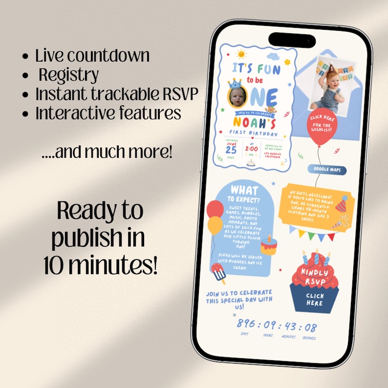 Fun to be One Boy 1st Birthday Web Invitation with RSVP and Countdown | Digital Download Canva Template
