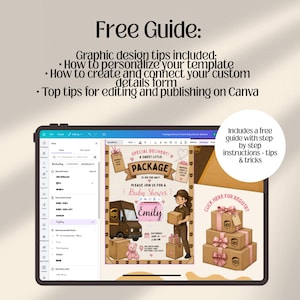 Puede incluir: Una tableta digital muestra una plantilla de invitaci&oacute;n para baby shower con tema de UPS. El dise&ntilde;o presenta un cami&oacute;n UPS, un repartidor y cajas de regalo. El texto incluye "Special Delivery!" y "Baby Shower". Tambi&eacute;n se anuncia una gu&iacute;a gratuita.