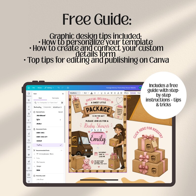 Puede incluir: Una tableta digital muestra una plantilla de invitaci&oacute;n para baby shower con tema de UPS. El dise&ntilde;o presenta un cami&oacute;n UPS, un repartidor y cajas de regalo. El texto incluye "Special Delivery!" y "Baby Shower". Tambi&eacute;n se anuncia una gu&iacute;a gratuita.