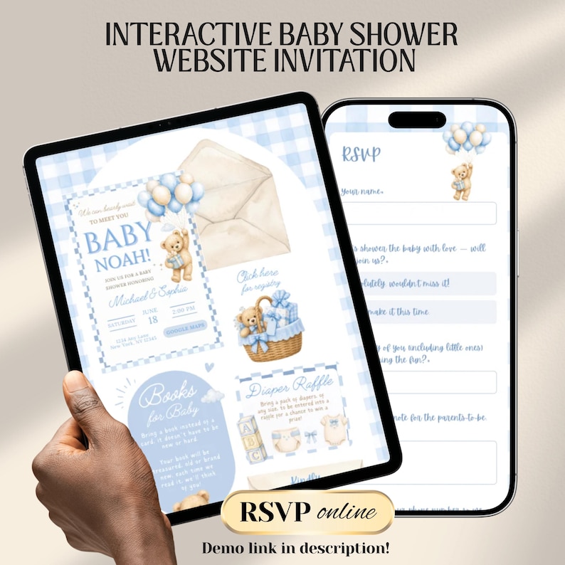 We Can Bearly Wait Baby Shower Website Invitation Template with Trackable RSVP & Countdown | Teddy Bear  (Digital Download)