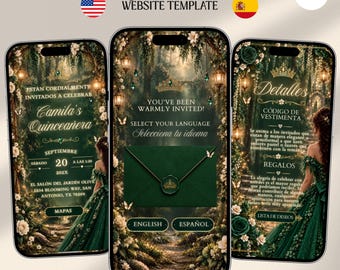 Emerald Green Enchanted Forest Bilingual Quinceañera Digital Invitation Website with Online RSVP Music Canva Template
