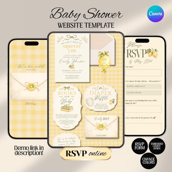 Lemon Baby Shower Website Invitation, Italian Theme, RSVP, Registry, Countdown (Digital Download Canva Template)