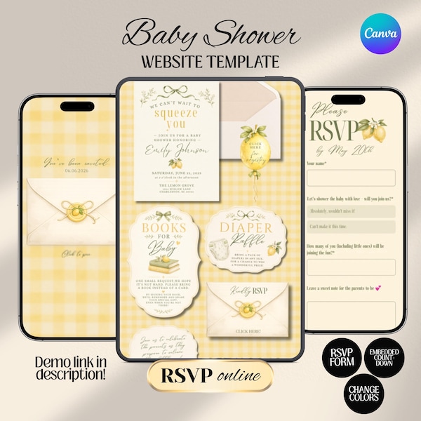 Inbjudan till babyshower med citronmotiv, italienskt tema, OSA, registrering, nedräkning (digital nedladdning av Canva-mall)