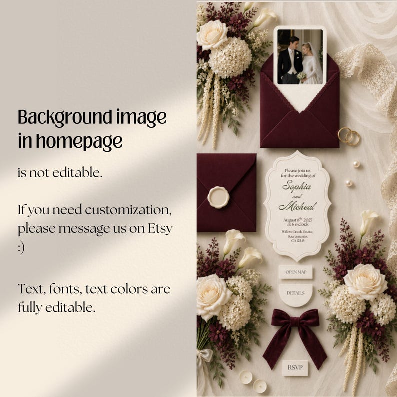 Burgundy Ivory Floral Old Money Digital Wedding Invitation Website: Online RSVP, Countdown, Digital Download Canva Template