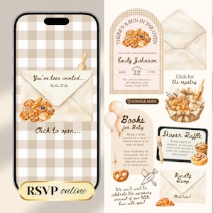 May include: A digital baby shower invitation set featuring a beige and white gingham pattern, watercolor illustrations of baked goods, envelopes, and text including There's a Bun in the Oven, Emily Johnson, Books for Baby, and Diaper Raffle on a smartphone.