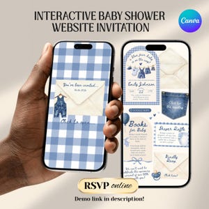 Blue Jean Baby Shower Digital Website Invitation, Trackable RSVP (Digital Canva Template)