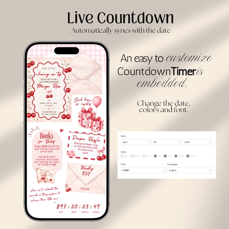 Cherry on Top Baby Shower Website Invitation with online RSVP Countdown Music (Digital Canva Template)
