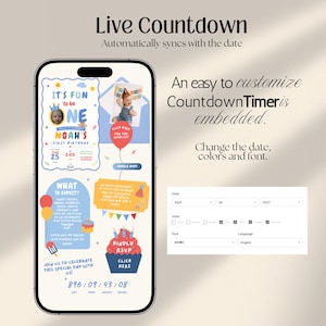 Fun to be One Boy 1st Birthday Web Invitation with RSVP and Countdown | Digital Download Canva Template
