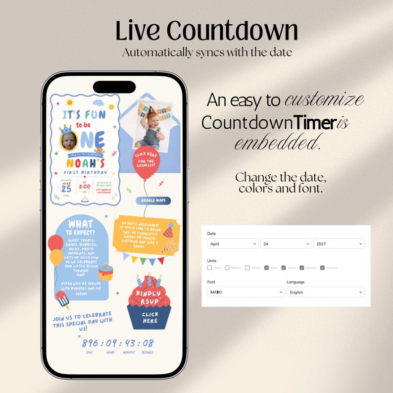 Fun to be One Boy 1st Birthday Web Invitation with RSVP and Countdown | Digital Download Canva Template