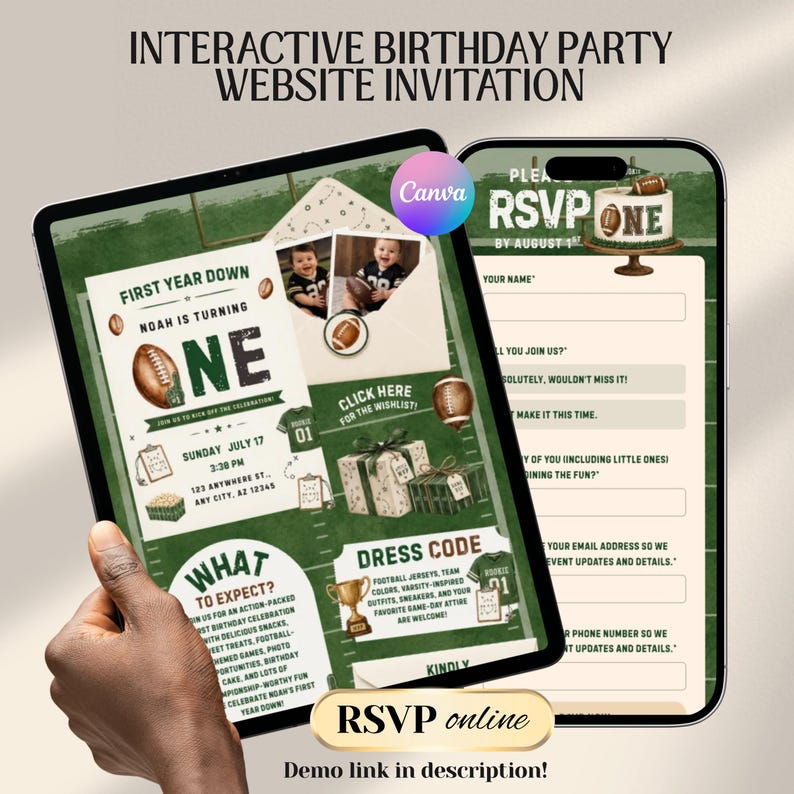 Football 1st Birthday Web Invitation with RSVP and Countdown | First Year Down,  Digital Download Canva Template