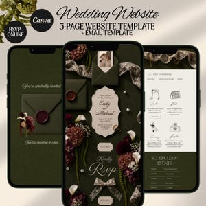 Digitale Hochzeitseinladung im Vintage-Stil mit olivgrünem und burgunderfarbenem Blumenmuster: Online-RSVP-Vorlage zum Download (Canva-Vorlage)