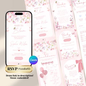 May include: A smartphone screen displaying a baby shower invitation with a floral design in pink. The invitation reads "Baby in Bloom" and includes details for Sophia Wilson's baby shower. Other cards with registry and raffle information are also visible.
