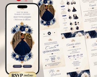 Bilingual Quinceañera Digital Invitation Website with RSVP Countdown Music (Canva Template) Navy Blue